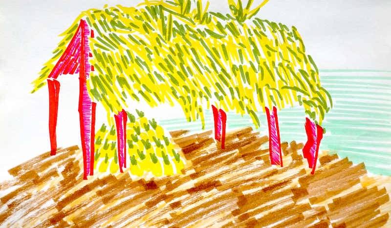 a painting of a Palapa by the ocean with a pile of pineapples under the shade of the hut
